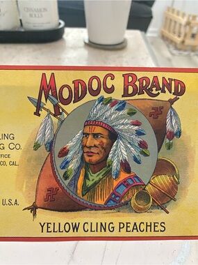 Vintage Turn of Century label 1900 peaches. Featuring American Indigenous Indian